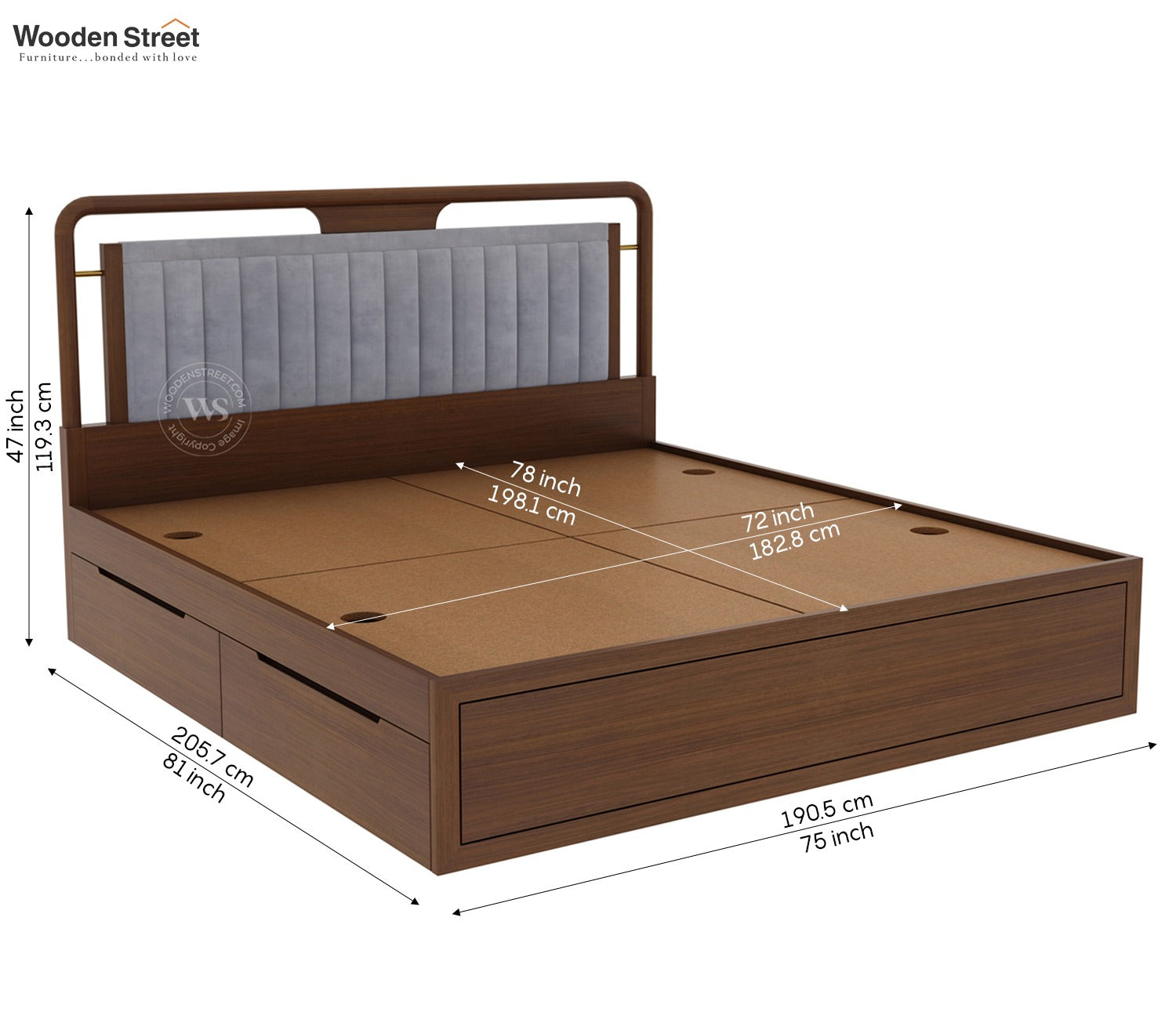 Anvay Ash Wood Bed With Upholstered Headboard and Drawer Storage (King Size, Sand Grey, Teak Finish)