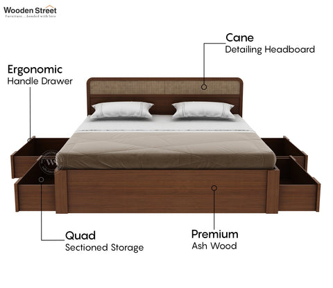 Balikos Ash Wood Bed with 4 Drawer Storage and Cane Detailing (King Size, Teak Finish)
