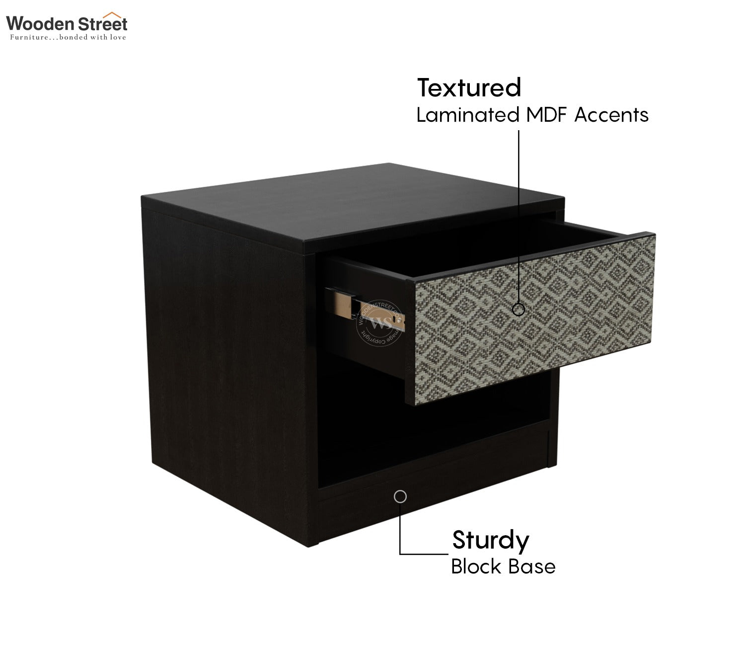 Orren Engineered Wood Bedside Table with Laminated Textured Drawer Front & Open Storage (Trellis Pattern)