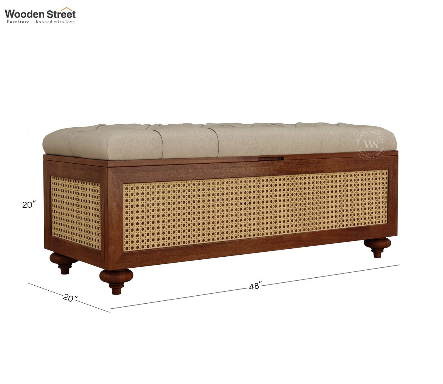 Rini Mango Wood Upholstered Bench with Cane Accent and Storage (Teak Finish, Cottage Ivory)