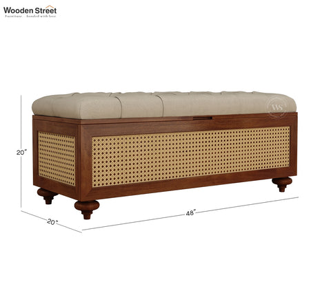 Rini Mango Wood Upholstered Bench with Cane Accent and Storage (Teak Finish, Cottage Ivory)