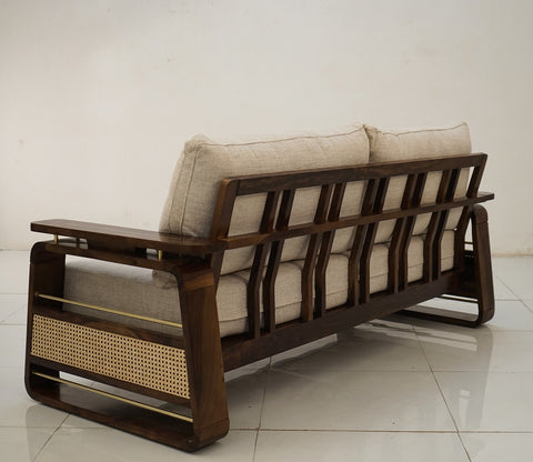 Vedic 3+1+1 Sheesham Wood Sofa Set With Cane and Brass Detailing (Walnut Finish, Jade Ivory)