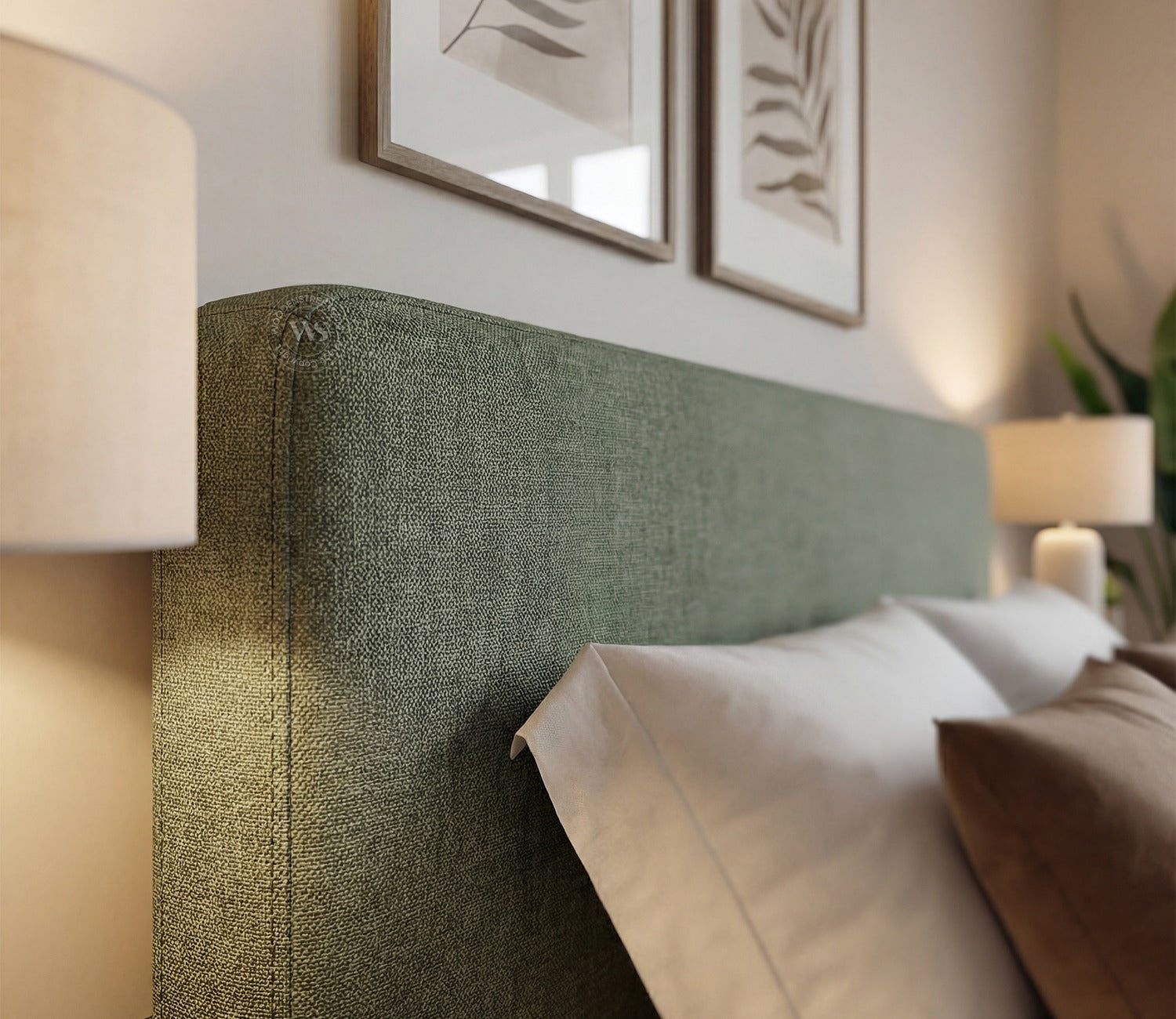 Andreas Premium Fabric Bed with Curved Headboard & Without Storage (Queen Size, Sage Green)