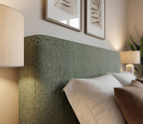 Andreas Premium Fabric Bed with Curved Headboard & Without Storage (Queen Size, Sage Green)