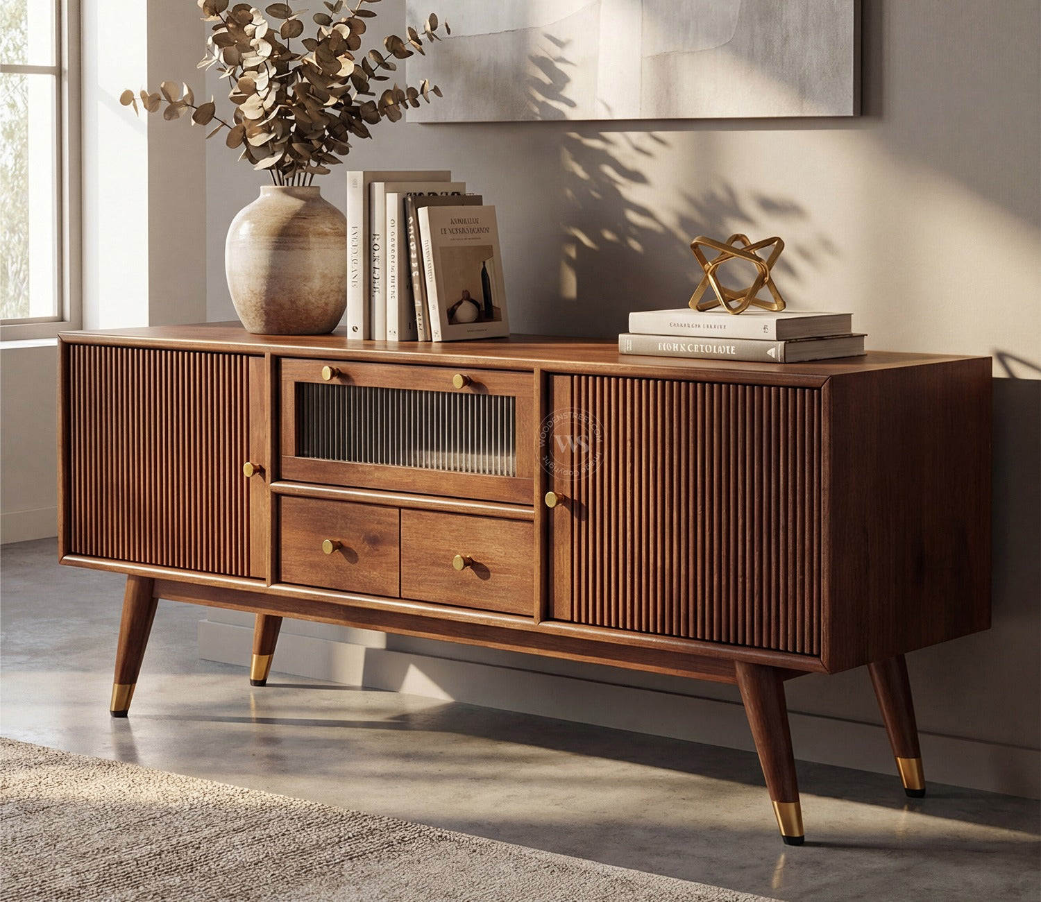 Hamona Premium Mango Wood TV Unit with Drawers And Cabinets (Teak Finish)