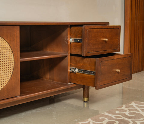 Gyana Premium Solid Wood TV Unit with Cane Panel Cabinet (Mango Wood, Teak Finish)