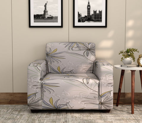 Cassia Floral Printed Polyester Spandex 1 Seater Sofa Cover (Beige)