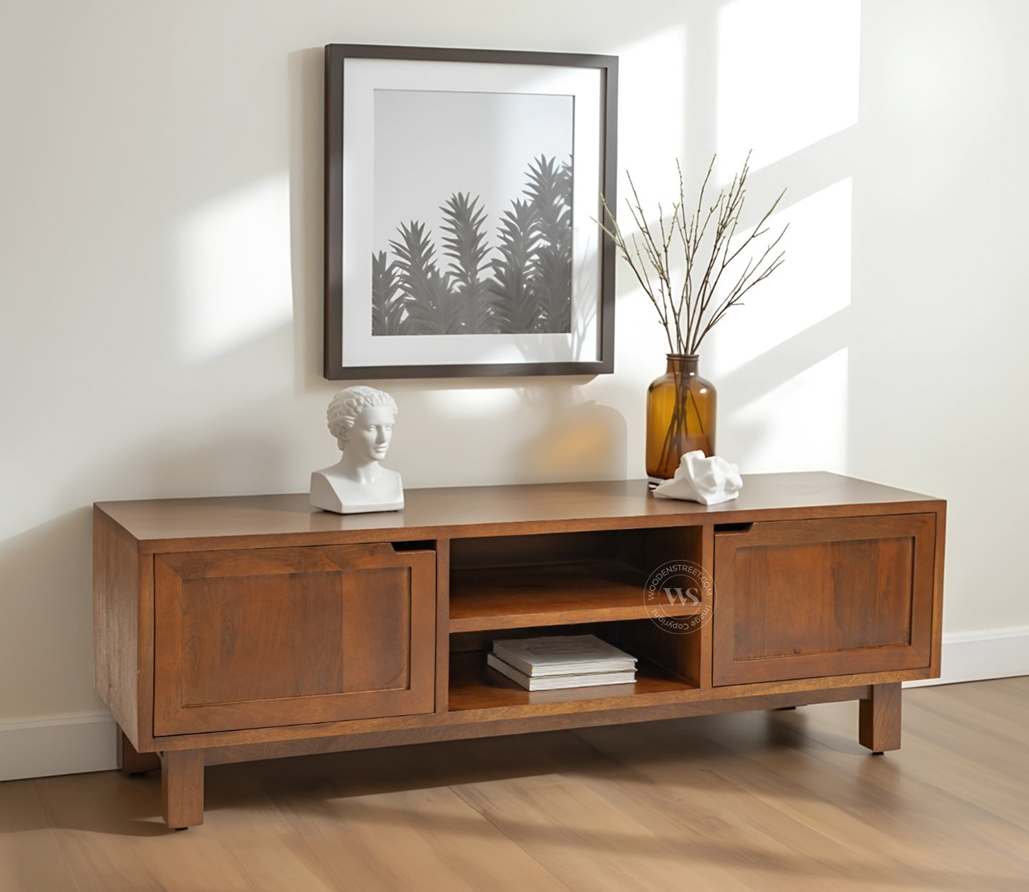 Vertex Mango Wood TV Unit with Inbuilt Cutout Handle Cabinets (Teak Finish)