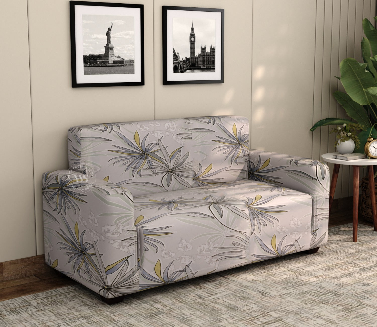 Cassia Floral Printed Polyester Spandex 2 Seater Sofa Cover (Beige)