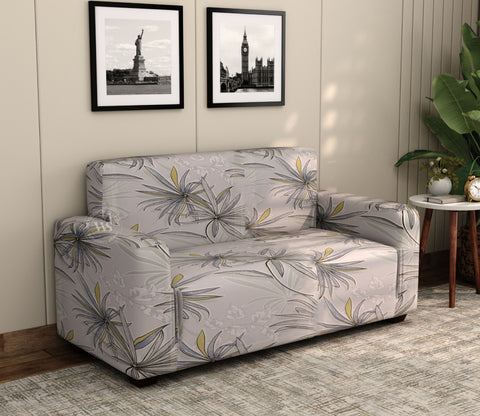 Cassia Floral Printed Polyester Spandex 2 Seater Sofa Cover (Beige)