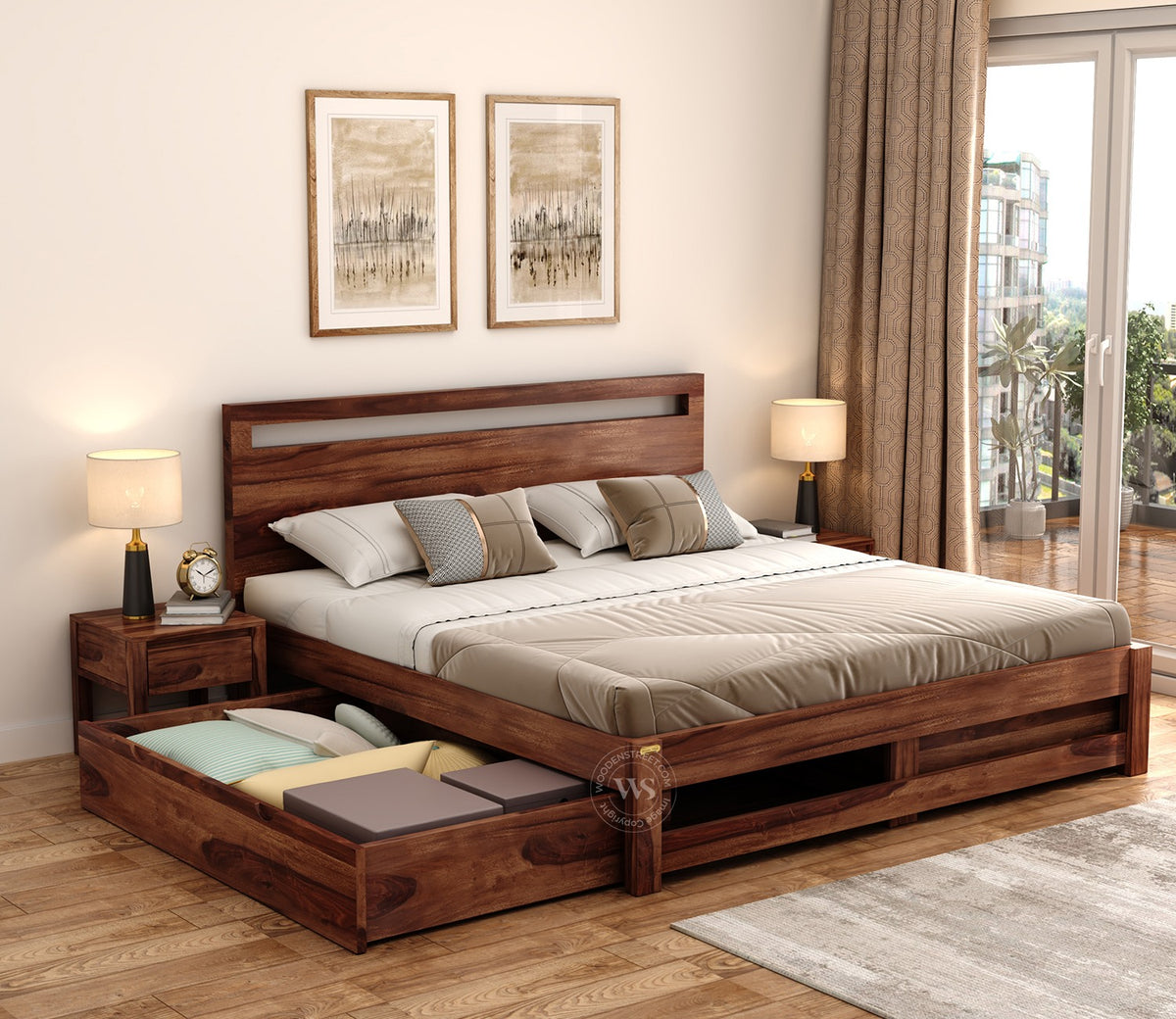 Bacon Bed With Storage (Queen Size, Honey Finish)