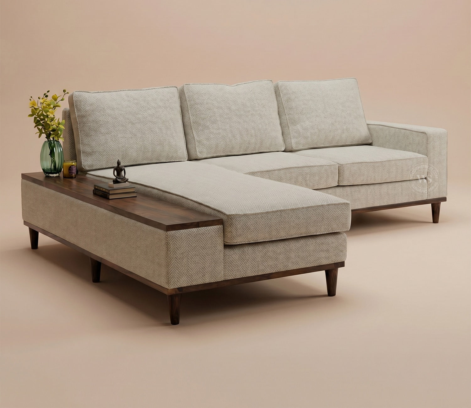 Ashion Premium Left Aligned L Shape Sofa with Built-in Side Wooden Deck (Cottage Ivory)