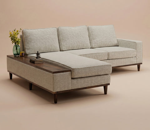 Ashion Premium Left Aligned L Shape Sofa with Built-in Side Wooden Deck (Cottage Ivory)