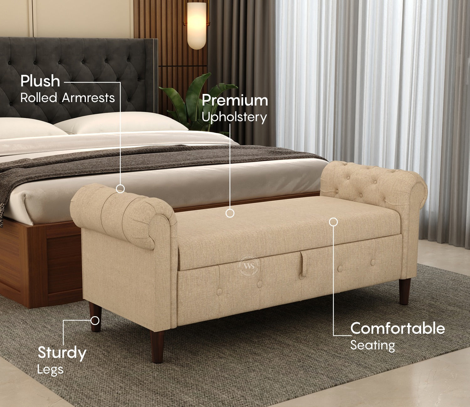 Velo Cushioned Hand Carved Sofa Bench With Hidden Storage (Jade Ivory)