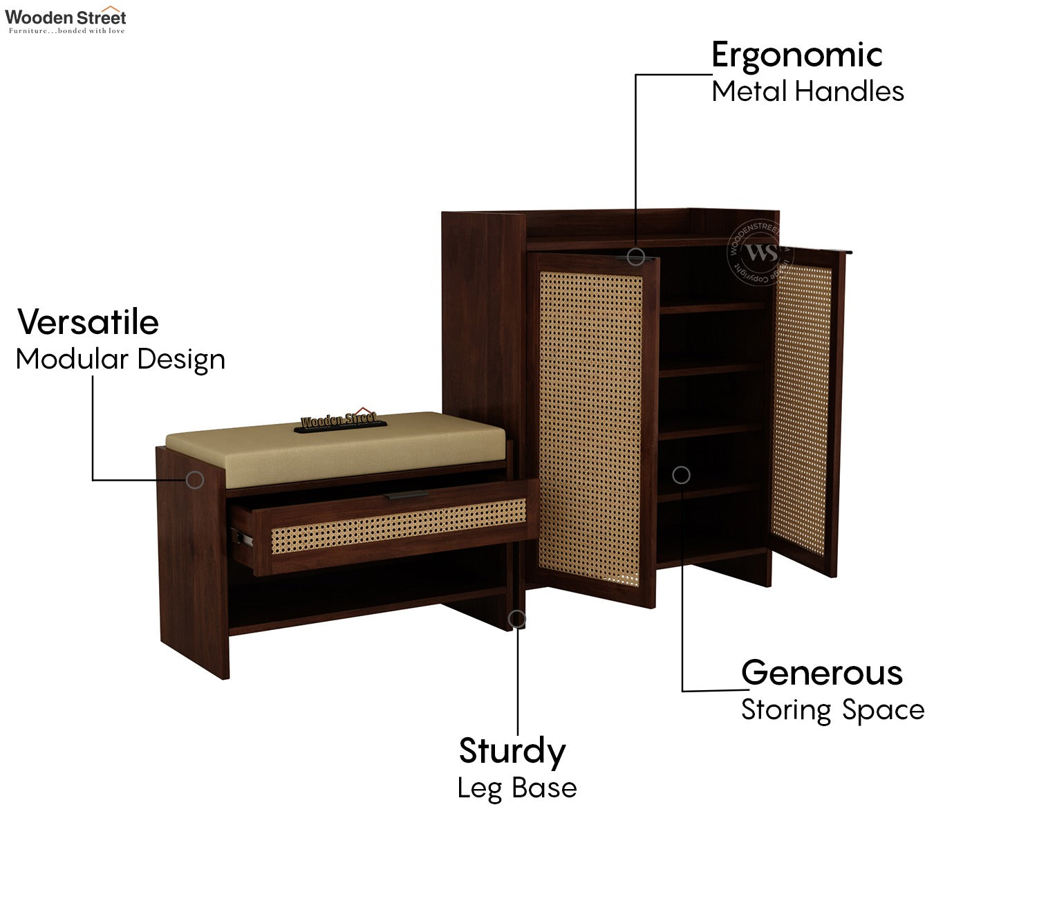 Stridon Solid Wood Shoe Rack & Bench Set with Cane Detailing (Mango Wood, Teak Finish)