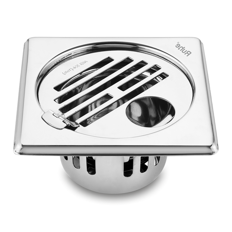 Trueliving_Classic Silver Square 304-Grade Floor Drain with Collar, Hinge, Hole & Cockroach Trap (5 x 5 Inches)