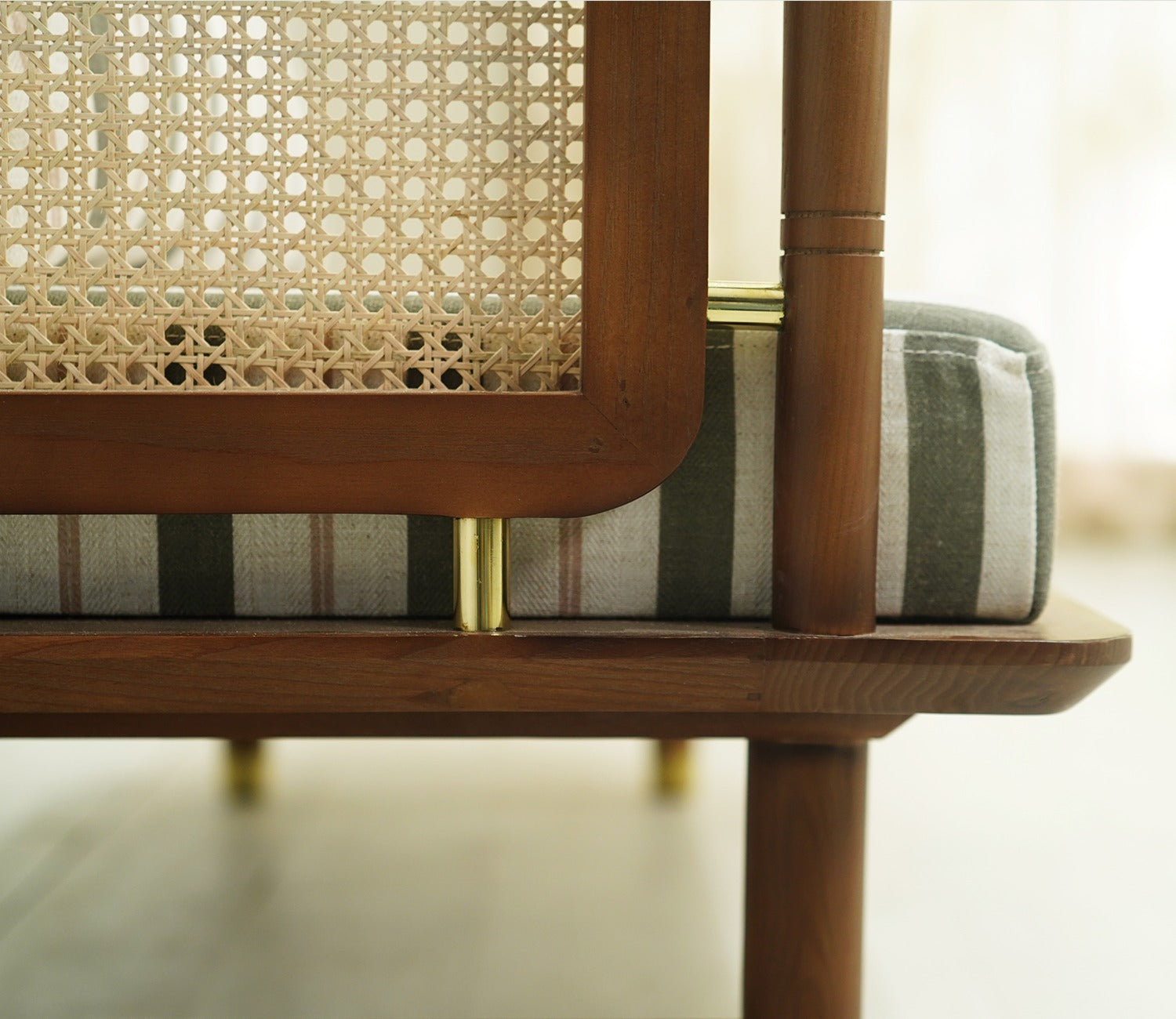 Shloka White Ash Wood Bench with Cane And Adjustable Back Cushioning (Green Stripes)
