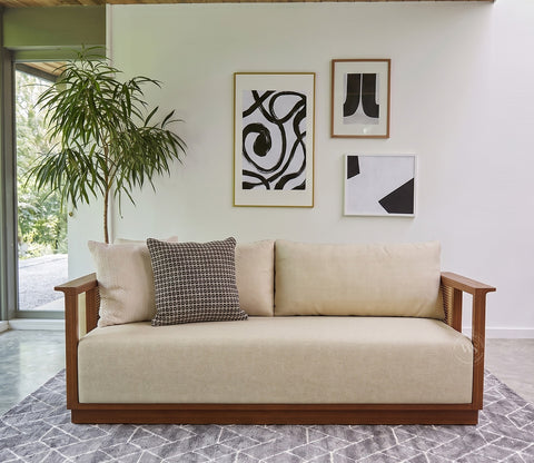 Varnik 3 Seater Ash Wood Sofa with Cane Accents (Teak Finish, Cottage Ivory)