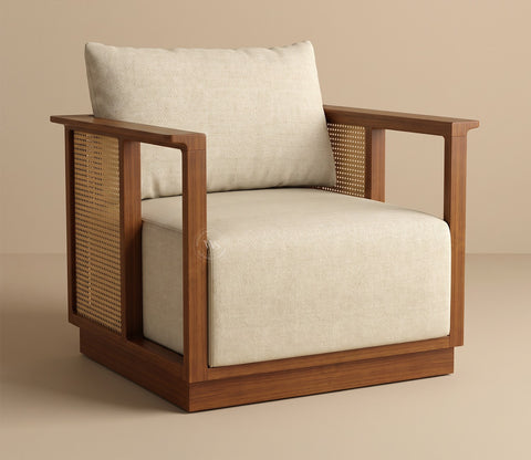 Varnik 3+1+1 Ash Wood Sofa Set with Cane Accents (Teak Finish, Cottage Ivory)