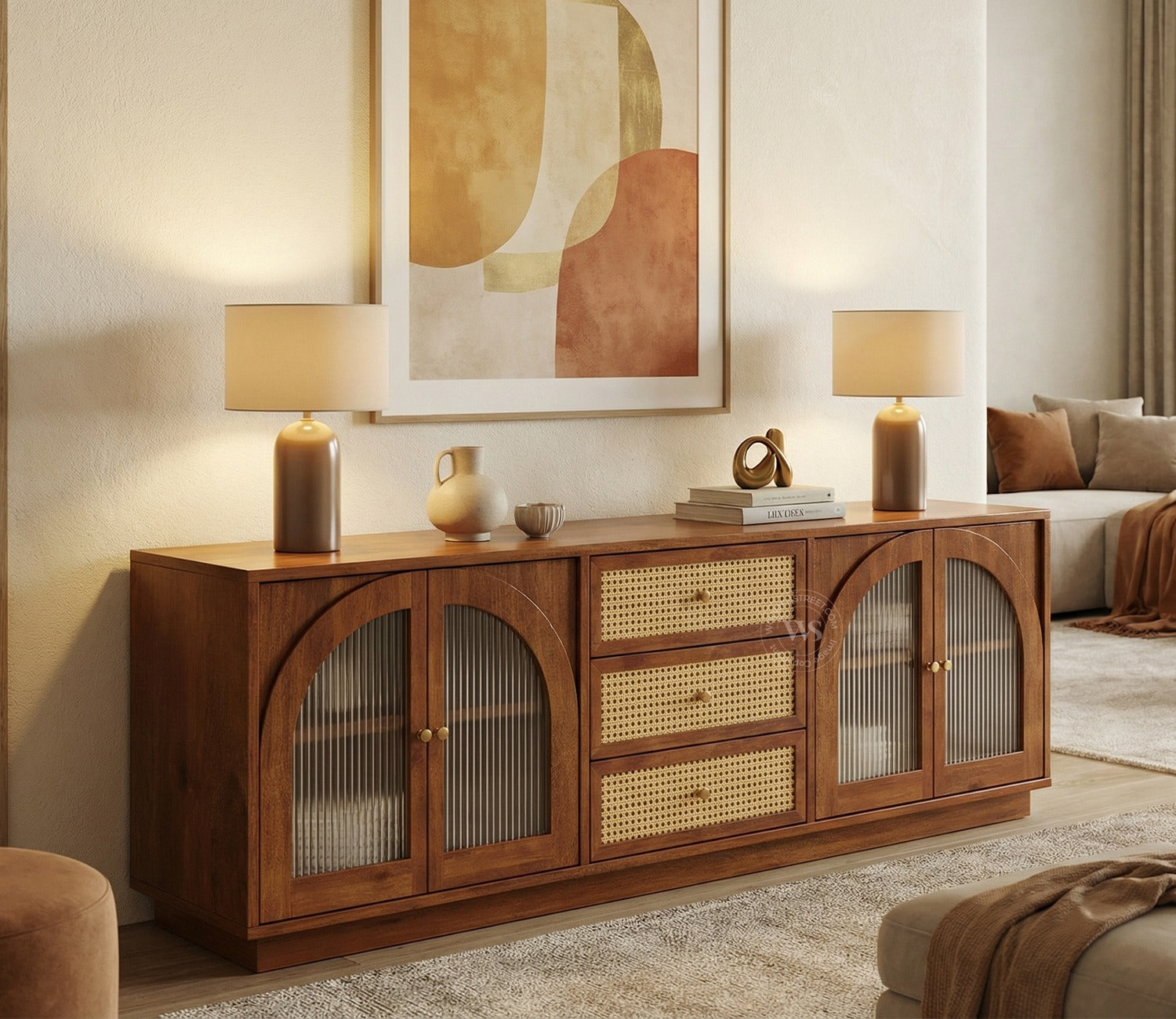 Windsor Premium Mango Wood TV Unit with Fluted Glass Panel Door Cabinets, Cane Detailing (Teak Finish)