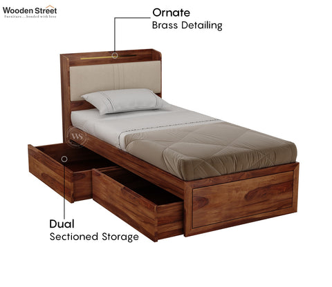 Wildon Premium Sheesham Wood Bed with Cushioned Headboard and Drawer Storage (Single Size, Teak Finish)