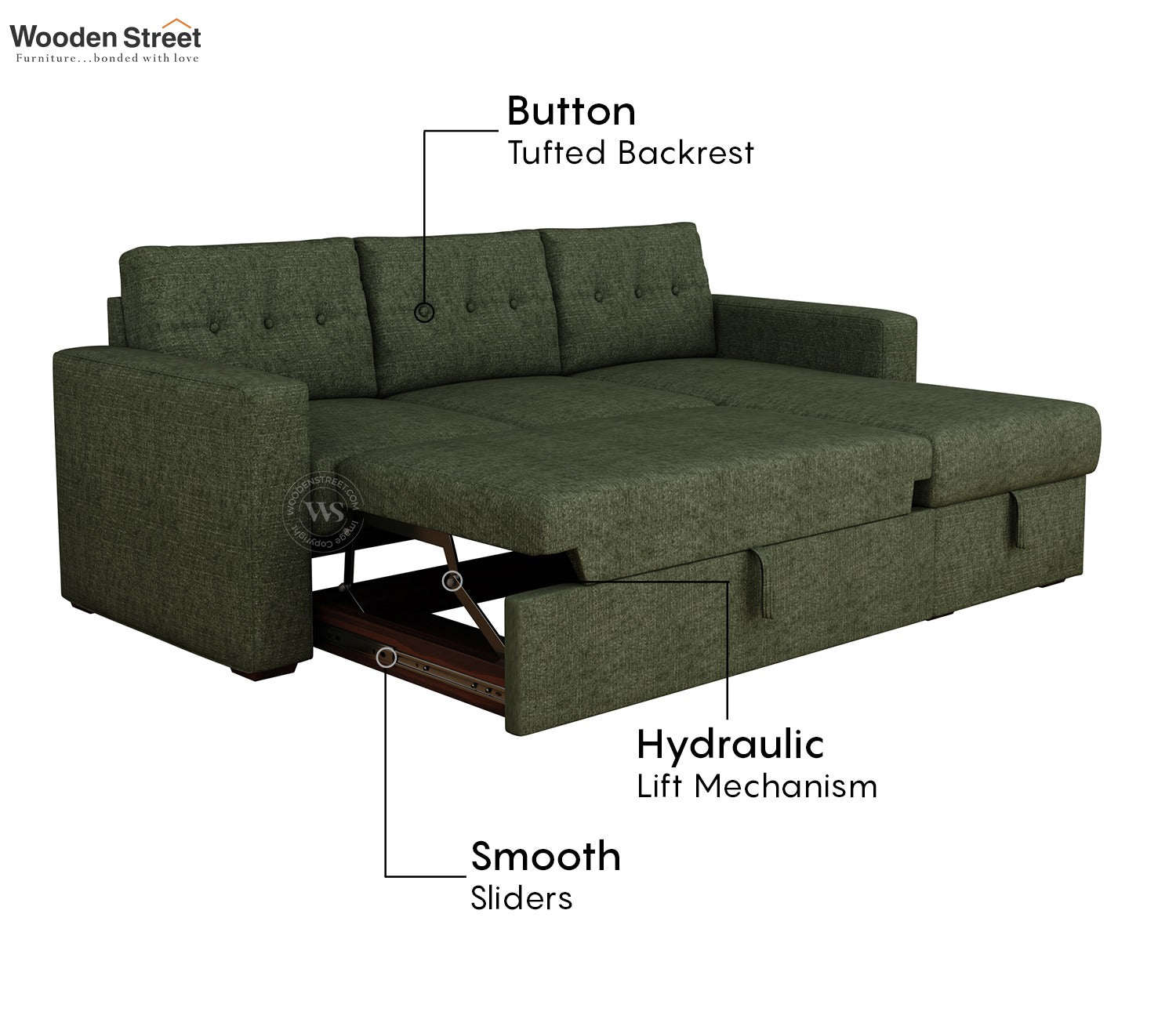 Alfonso Right Aligned Convertible Sofa Cum Bed (Sage Green)