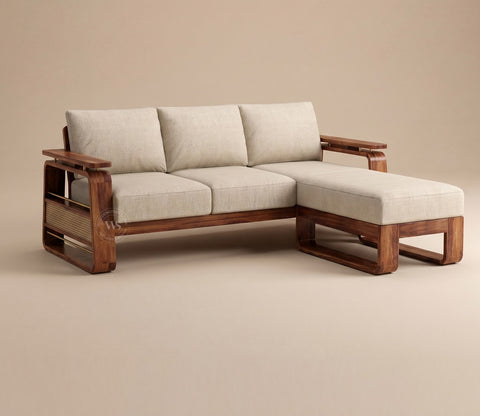 Vedic Sheesham Wood L Shape Left Align Sofa With Cane and Brass Detailing (Honey Finish, Jade Ivory)
