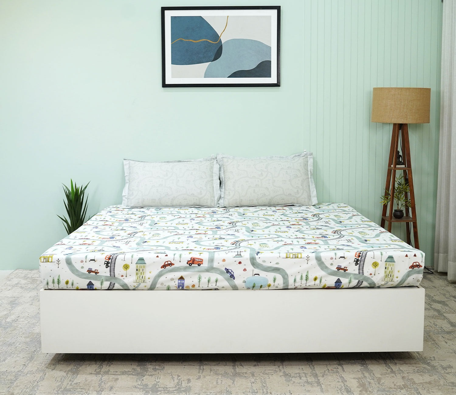 Train And Town Flat Cotton Kids Bed Sheet King Size with 2 Pillow Covers