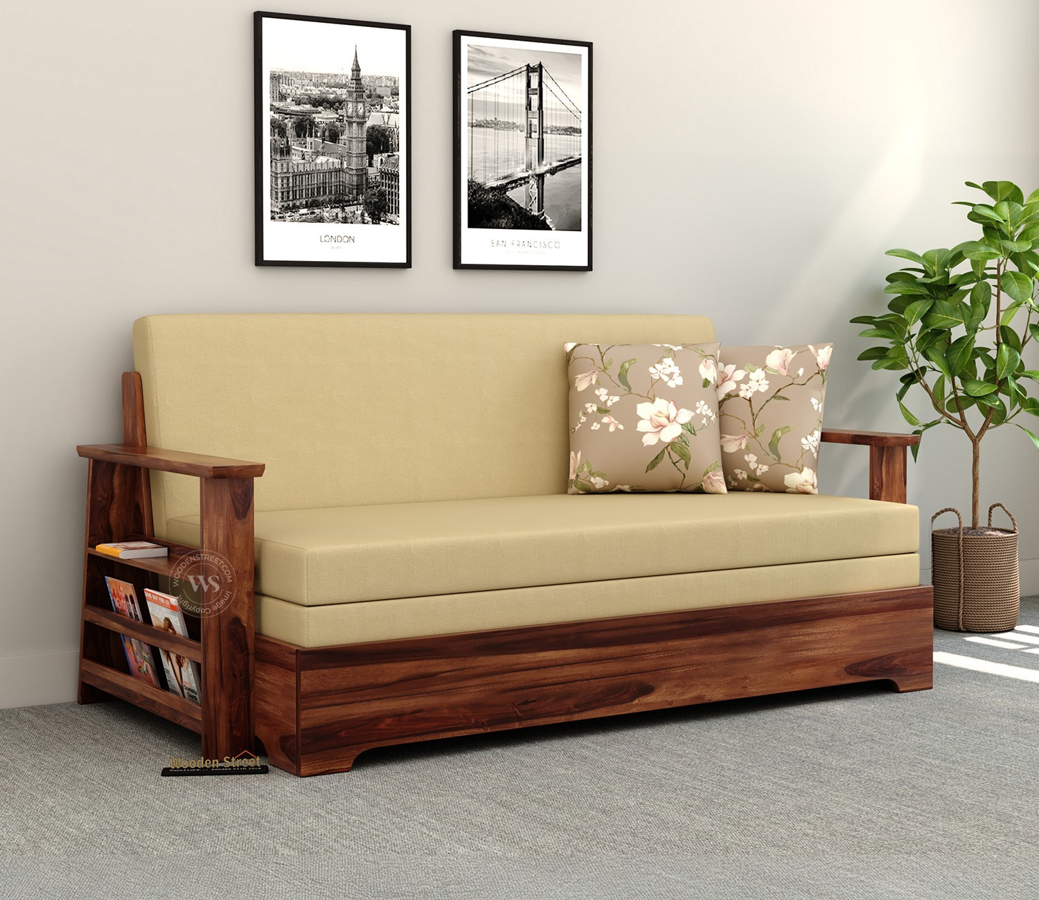 Della Sheesham Wood Sofa Cum Bed With Armrests (Honey Irish Cream)