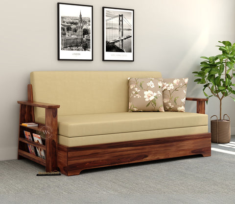 Della Sheesham Wood Sofa Cum Bed With Armrests (Honey Irish Cream)