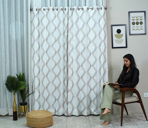 Rhombus Sheer Door Curtains Set of 2 (Beige, 7 Feet)