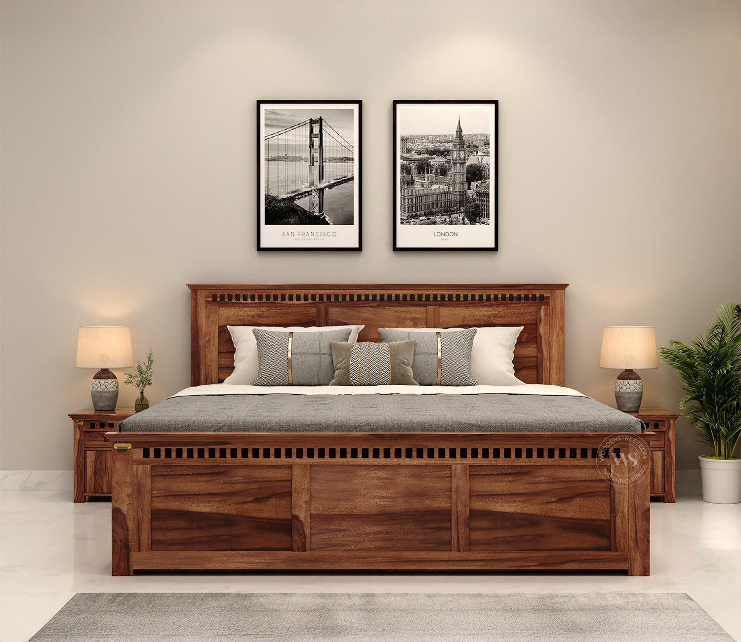Adolph Sheesham Wood Queen Size Bed With Side Storage (Honey Finish)