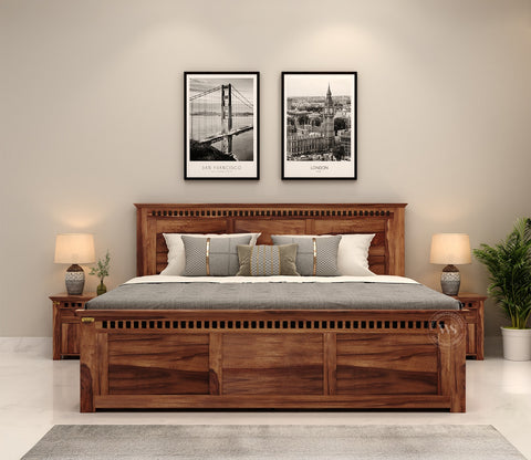 Adolph Sheesham Wood Queen Size Bed With Side Storage (Honey Finish)