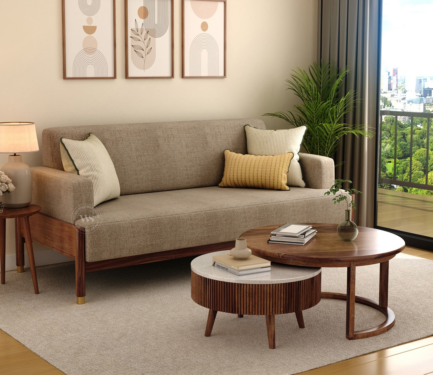 Kairav Modern 3+1+1 Wooden Sofa Set with Premium Upholstery (Pebble Beige)