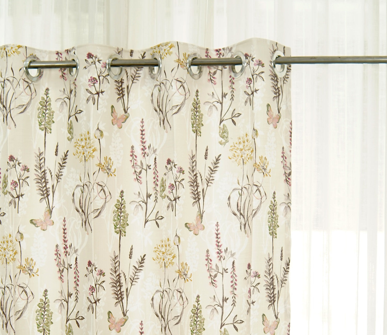 Beige Botanic Mist Floral Print Light-Filtering Door Curtains Set of 2 (Beige, 7 Feet)
