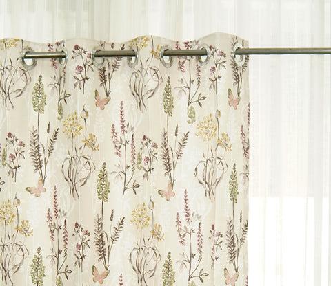 Beige Botanic Mist Floral Print Light-Filtering Door Curtains Set of 2 (Beige, 7 Feet)