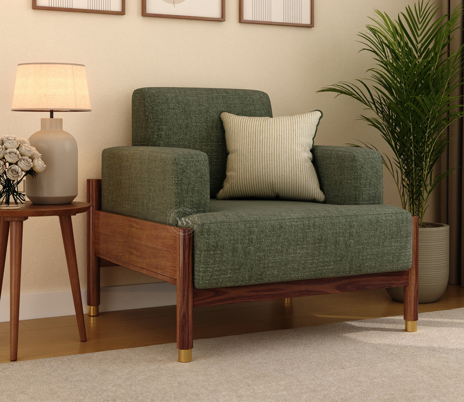 Kairav Modern 3+1+1 Wooden Sofa Set with Premium Upholstery (Sage Green)