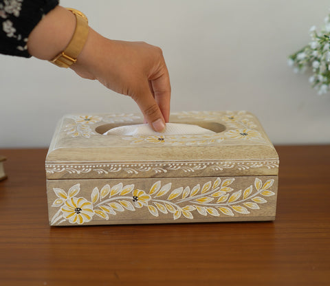 Adiva Floral Hand Painted Wooden Tissue Holder Box