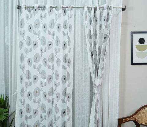 Dual Leaf Sheer Door Curtains Set of 2 (Grey, 7 Feet)