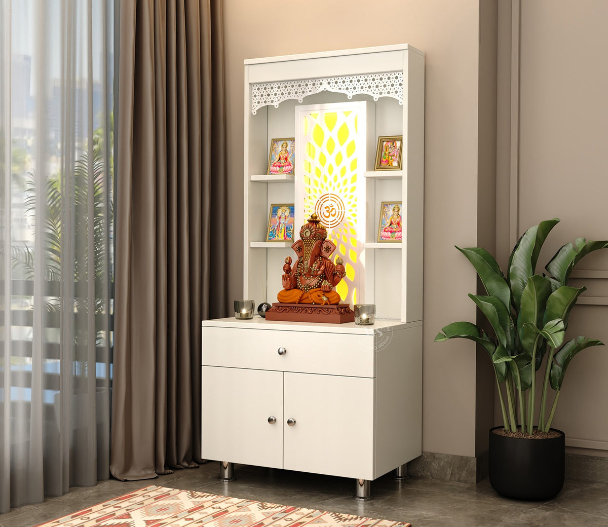 Vidyut Engineered Wood Home Temple With Inbuilt LED Light System (White Finish)
