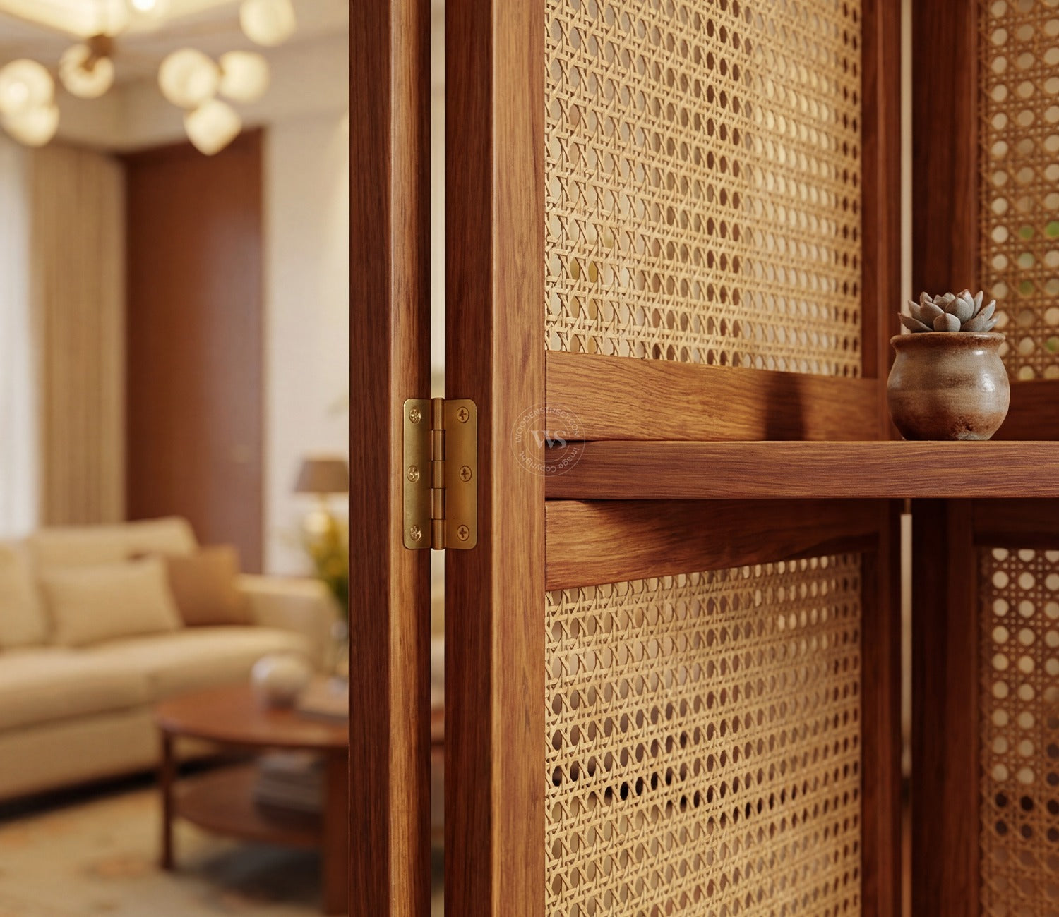 Aakaar Sheesham Wood Foldable Room Divider with Cane Weave & Open Shelves - 5 Panel Partition Screen