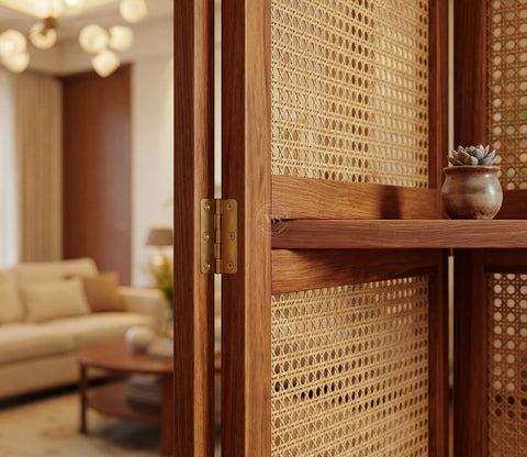 Aakaar Sheesham Wood Foldable Room Divider with Cane Weave & Open Shelves - 5 Panel Partition Screen