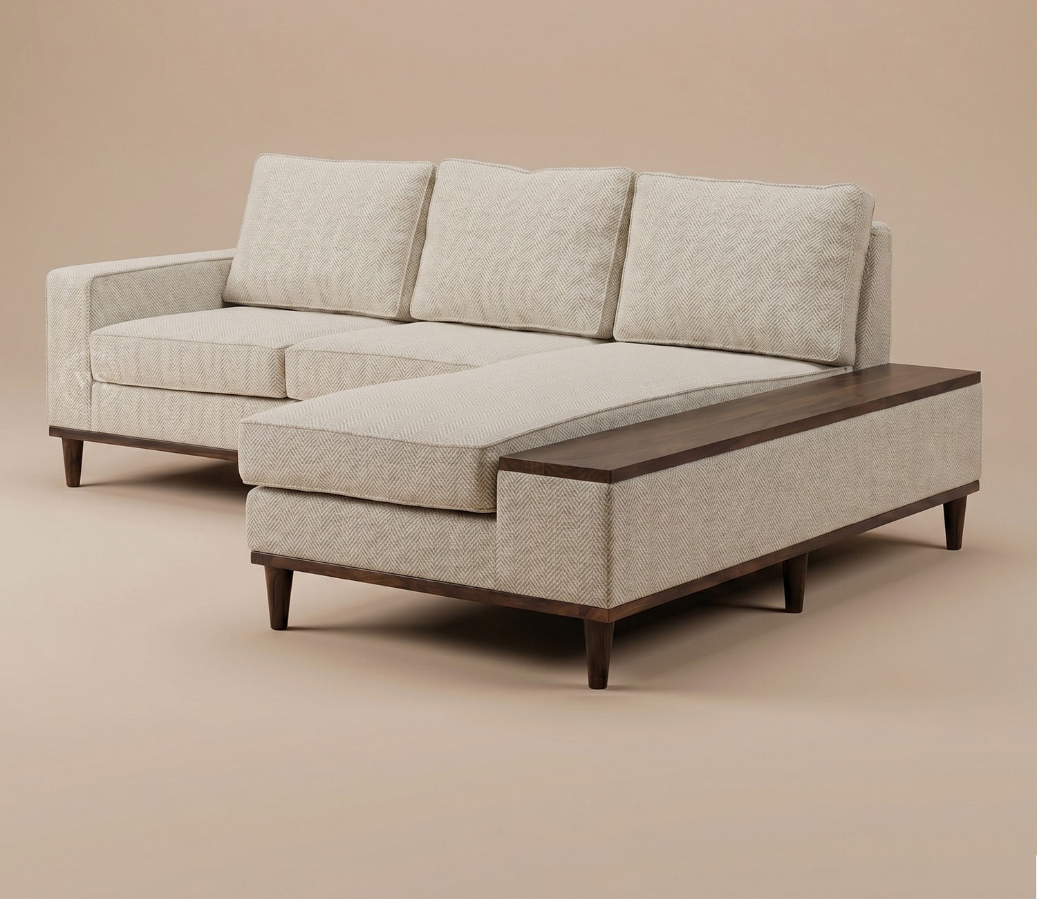 Ashion Premium Right Aligned L Shape Sofa with Built-in Side Wooden Deck (Cottage Ivory)