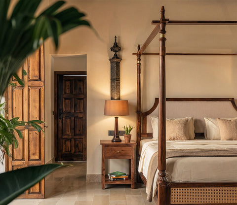 Samrat Sheesham Wood and Cane Upholstered Poster Bed Without Storage (King Size, Jade Ivory)