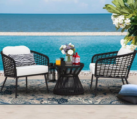 Black Rope 2 Seater With Table And Off-White Cushion Covers