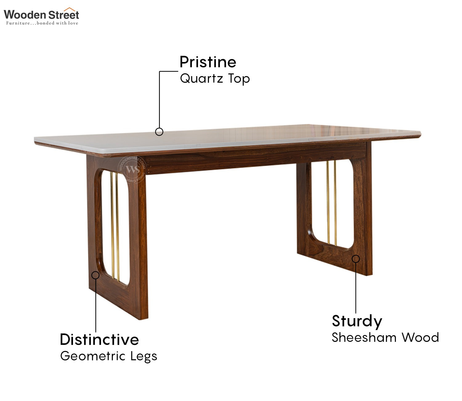 Mishaan-Koby 6 Seater Sheesham Wood Dining Table Set with Quartz Top (Teak Finish)
