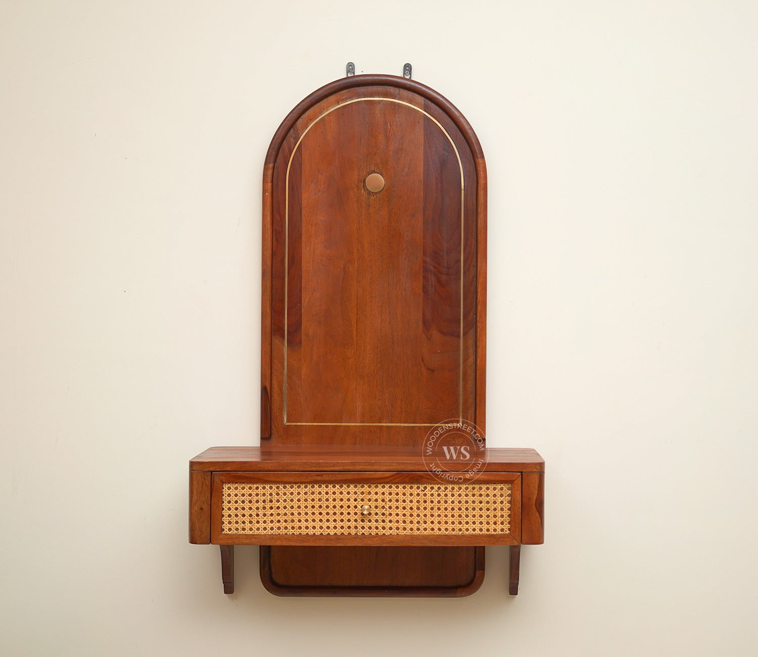 Shoonya Sheesham Wood Home Temple with Brass Detailing and Cane Accents (Teak Finish)