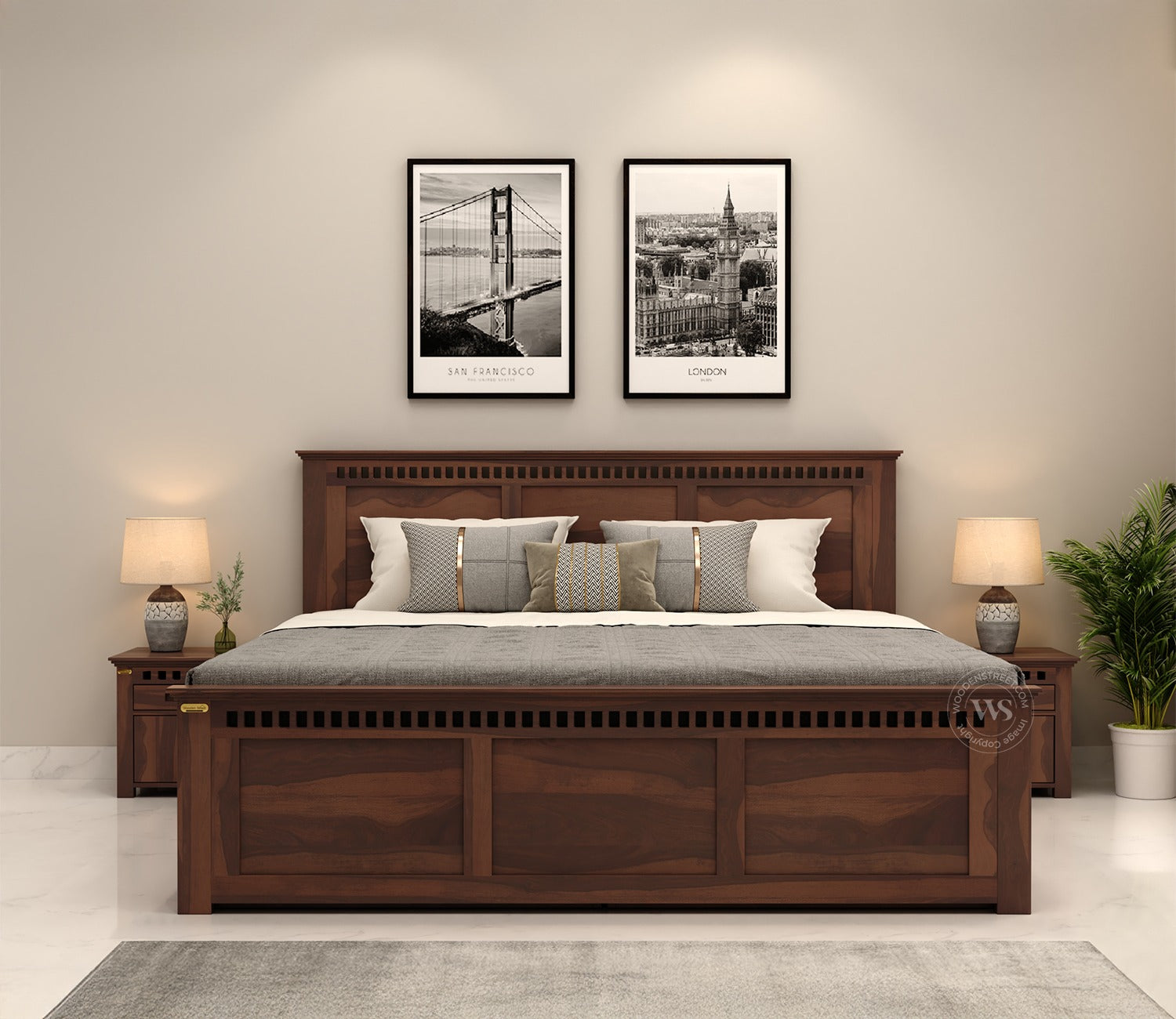 Adolph Sheesham Wood Queen Size Bed With Side Storage (Walnut Finish)