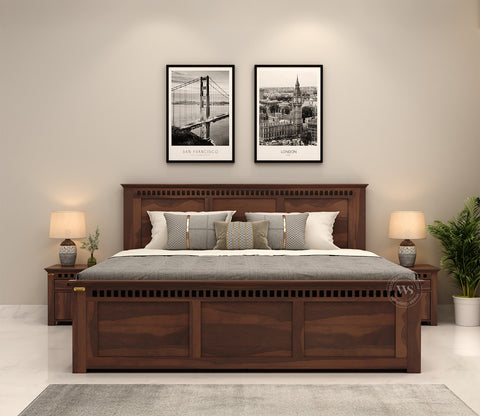 Adolph Sheesham Wood Queen Size Bed With Side Storage (Walnut Finish)