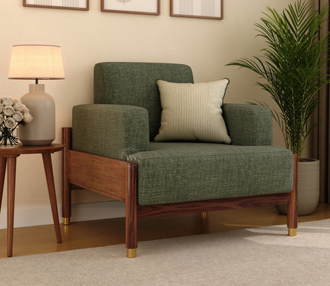 Kairav Modern 1 Seater Wooden Sofa with Premium Upholstery (Sage Green)